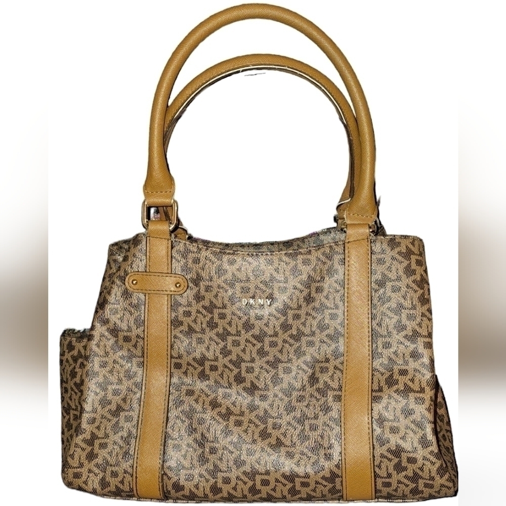 DKNY Brown Tan Logo Print Satchel Handbag